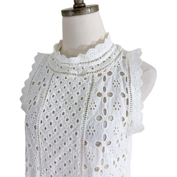 Anthro James Coviello Cream Sleeveless Eyelet Top Women's Sz M Scalloped Edges - Picture 2 of 6